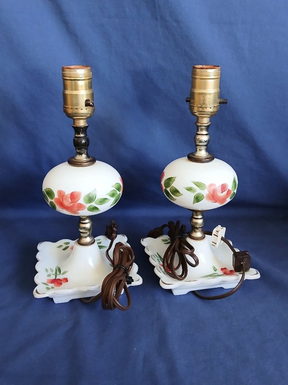 1960s Milk Glass Boudoir Hand Painted Rose n Floral Bedroom Table Lamps Pair